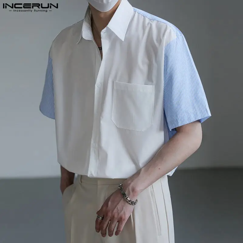 

INCERUN Tops 2023 Korean Style New Men's Solid Stripe Patchwork Design Shirts Leisure Hot Sale Fitted Short Sleeved Blouse S-5XL