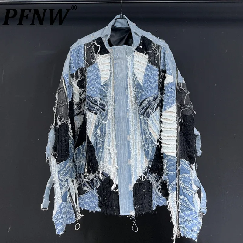 

PFNW Autumn New Men's Fashion High Street Jackets Damaged Patchwork Denim Zippered Vintage Raw Edge Niche Loose Coats 28A3729
