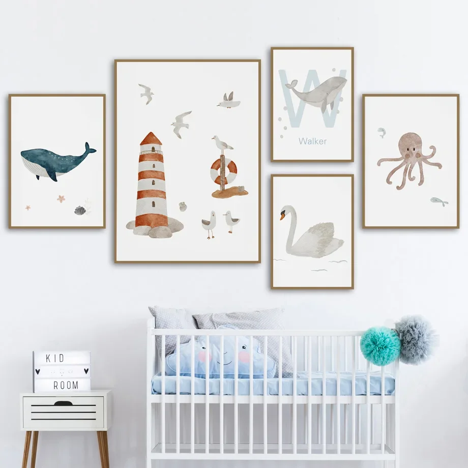 Настенная картина для детской комнаты постер с изображением Кита осьминога