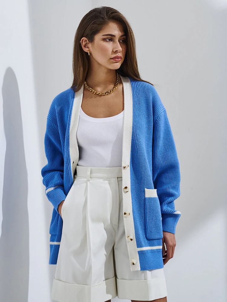 

Blue Knit Cardigan Autumn Drop Shoulder Long Cardigans Knitted Jumper 2022 Autumn/Winter Fashion Sweater Women Cardigan A1845
