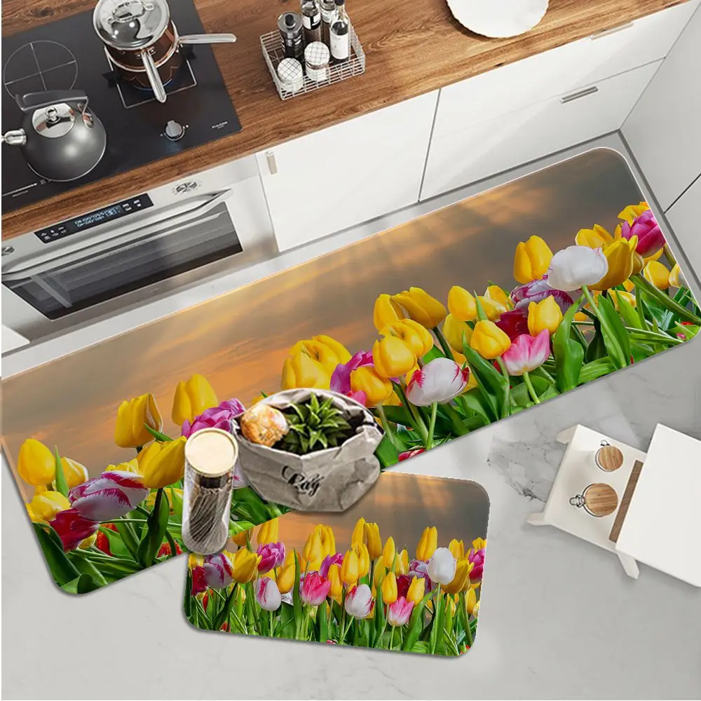 

Tulipa flores impresso flanela tapete do banheiro decoração tapete antiderrapante para sala de estar cozinha bem-vindo capacho