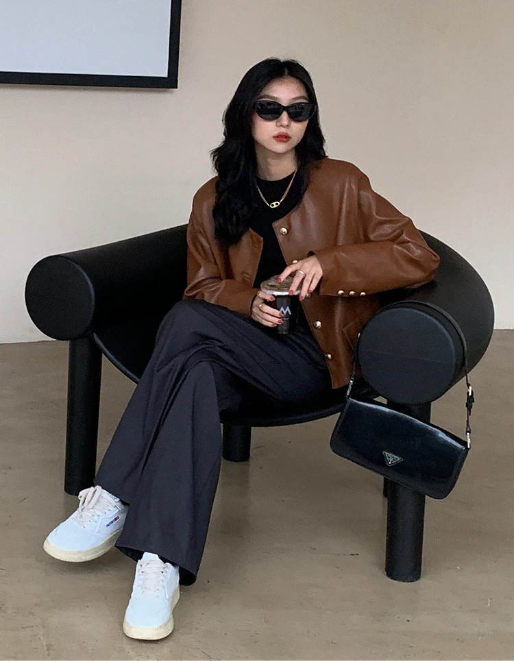 Leather Jacket Short Coat Women's Autumn Coat New Coffee Color Round Collar Button Profile Loose Casual Pu Leather Jacket