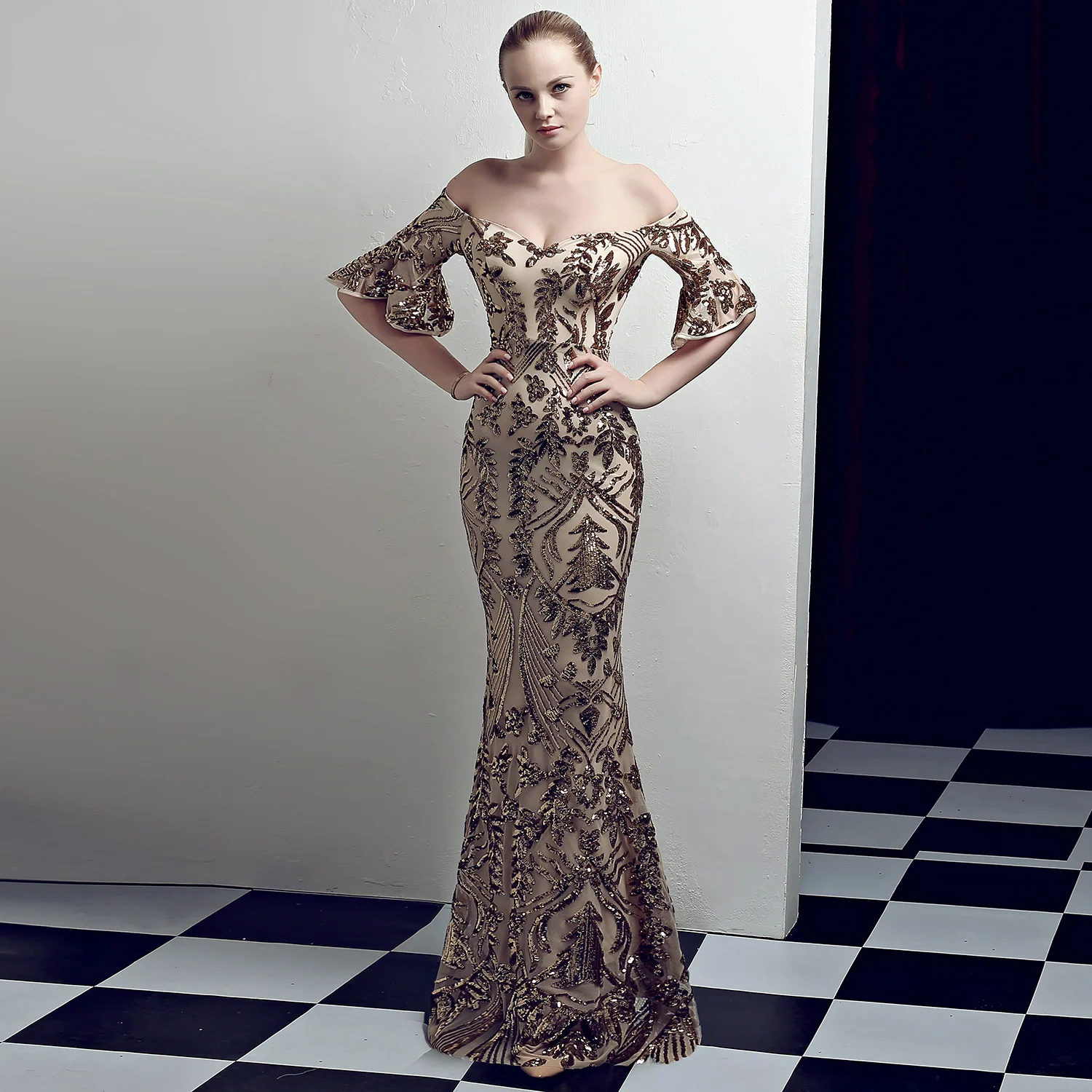 

European and American Court Style Long Thin Banquet Nightclub Party Party Wedding Dress Evening Dress Skirt Female Party Dress