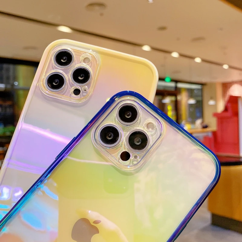 Gradient Color Transparent Case For iPhone 14 12 13 11 Pro Max X Xs Xr 7 8 Plus Shockproof Rainbow Laser Aurora Cover TPU Coque