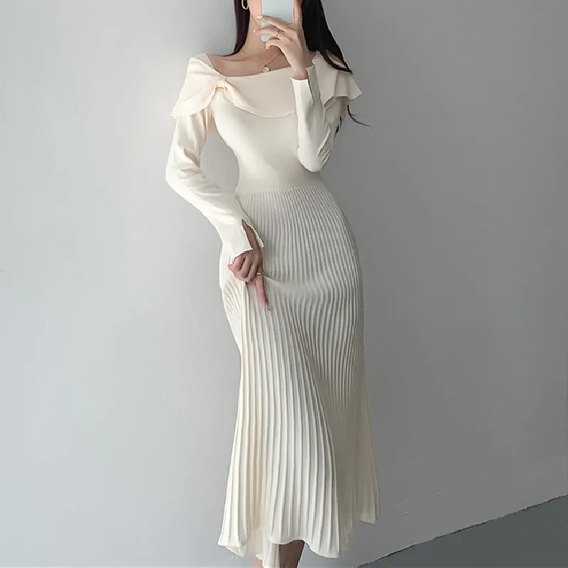 

Элегантное Белое Платье 2022, женские облегающие вязаные платья с высокой талией, однотонные плиссированные платья, нежные благородные женские офисные платья для дам