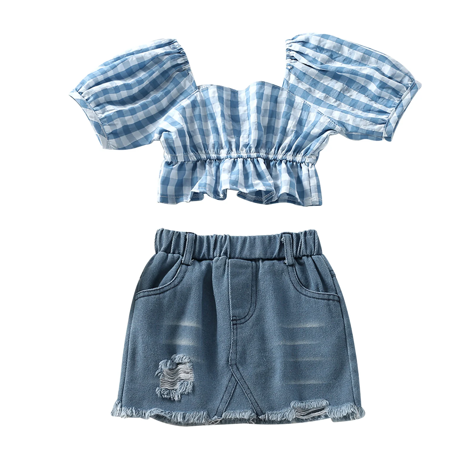 

2PCS Toddler Kids Baby Girls Clothing Summer Cotton Short Sleeve Plaid Print Square Collar Tops Denim Skirts Casual Set