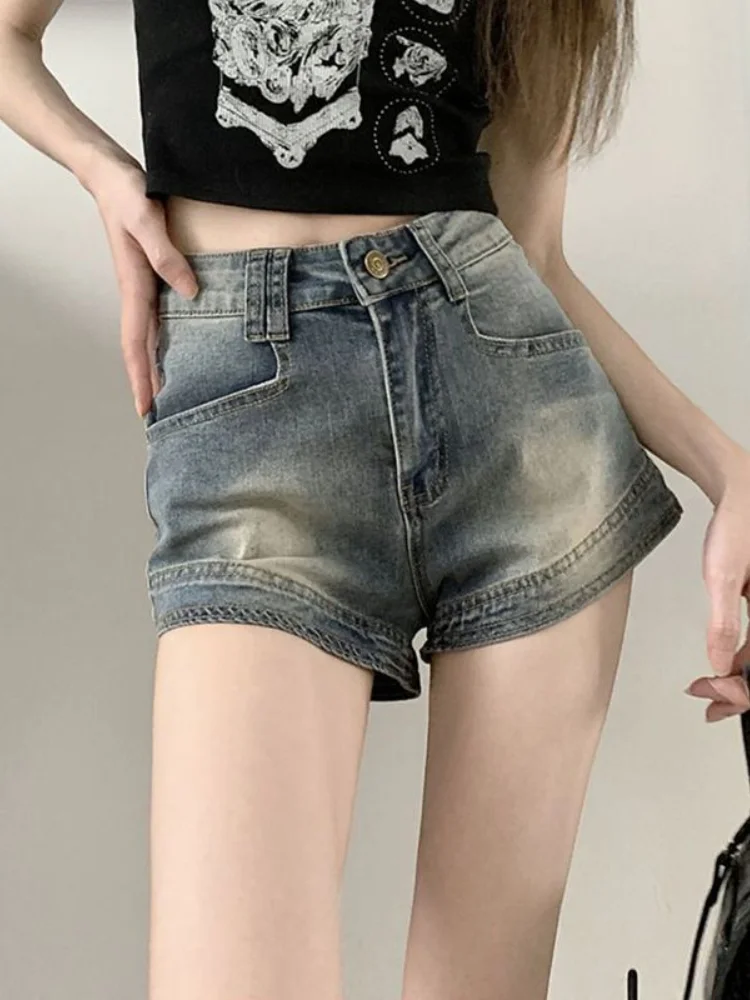 HOUZHOU Vintage Kpop Jeans Shorts Korean Style High Waist Distressed Denim Short Pants Female Harajuku Streetwear American Retro