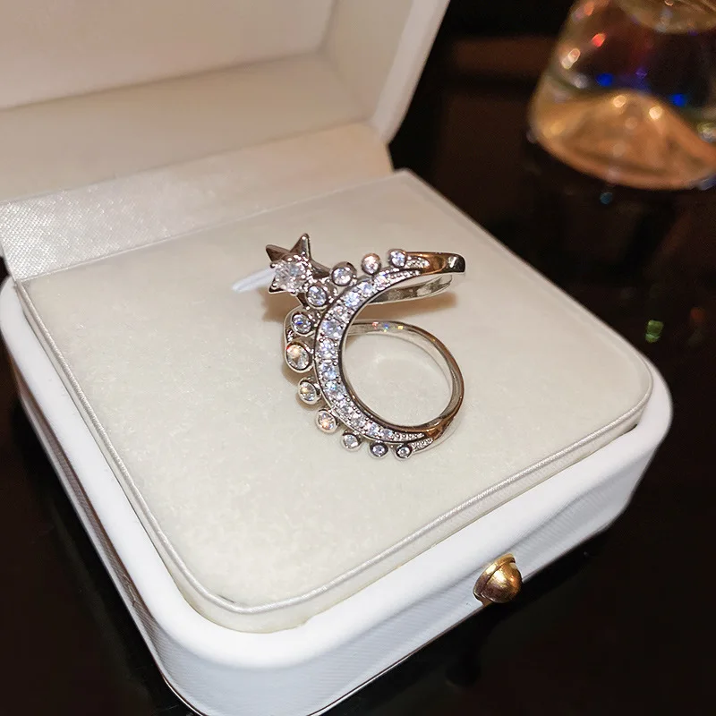 

KAITIN Zircon Five-pointed Star Hollowed-out Women Rings Moon Double-layer Personality Open Ring New Jewelry Female