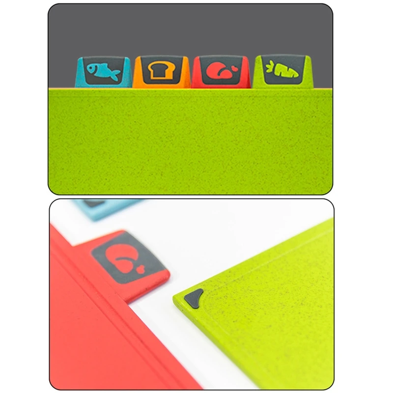 

Set of 4 Flexible Cutting Boards Durable Food Chopping Mats Color Coded Icons for Meat Fish and Vegetables Multicolor