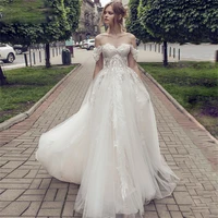 vestido de praia de tule sem ombro e linha a aplique cart%c3%a3o ombro decote elegante vestido de noiva de casamento