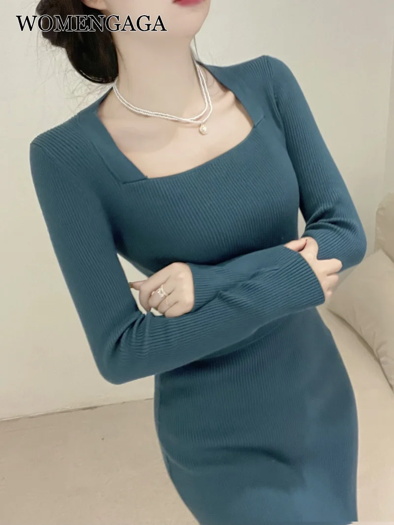 

Женское платье-макси с квадратным вырезом, Элегантное Белое Облегающее длинное платье-свитер в Корейском стиле, модель X5YU на осень