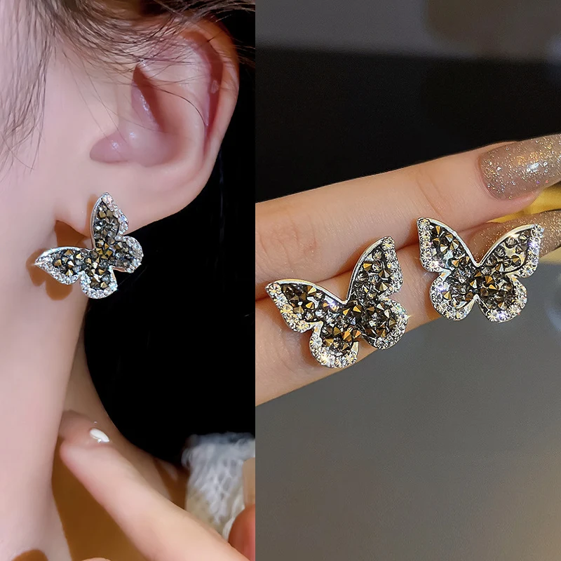 Pendientes de Mariposa Color Dorado Y Cristal Negro Con Incrustaciones De Circonita Moda con Personalidad para Mujer Joyería Boda Regalos