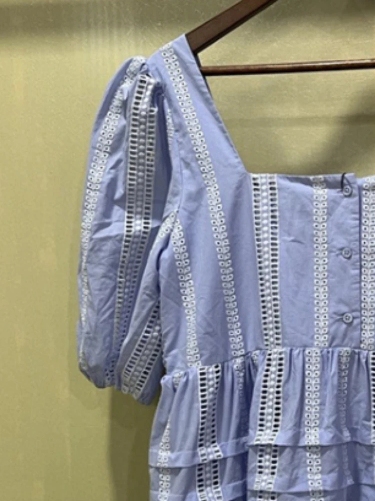 

Women's Square Collar Mini Dress France Brand Elegant Hook Flower Hollow Office Lady Loose Dresses Summer Casual Party Vestidos