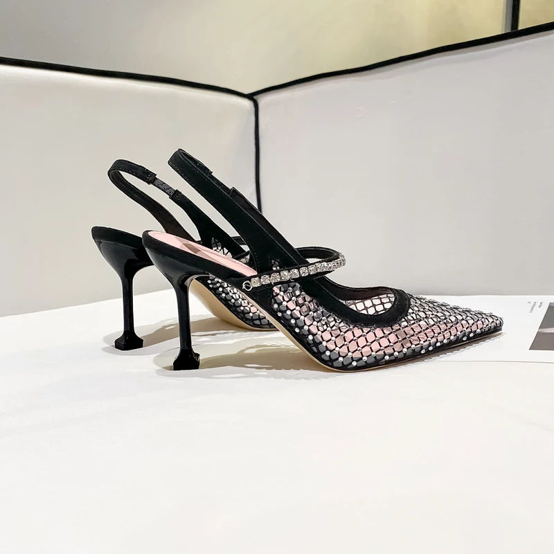High Heeled Shoes Women's Mesh Hollow Diamond Pointed Transparent Sandals Women's Black Thin Heel