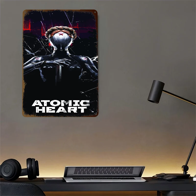 Фото Металлическая винтажная табличка с принтом робота из Atomic Heart, настенный декор для комнаты, мужской комнаты, домашнего интерьера №4