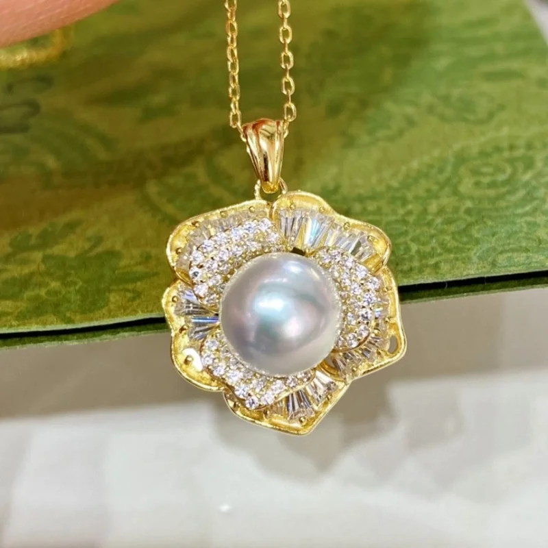 

MeiBaPJ 9-10mm Natural White Semiround Pearl Fashion Flower Pendant Necklace 925 Silver Fine Wedding Jewelry for Women