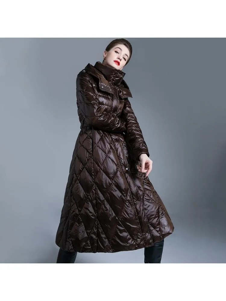 Europe 2022 Winter Long Hooded Plaid 90 White Duck Down Coats Women High-End Loose Lace Up Thicked Warmer Bread Cloth Jackets