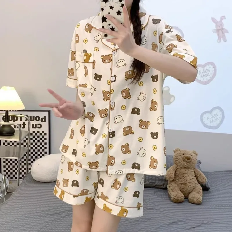 Фото Пижамы Rilakkuma, летние, с короткими рукавами, милые, с мультяшными рисунками, домашняя одежда, комплект из трех предметов, которые можно носить и на улице. №5