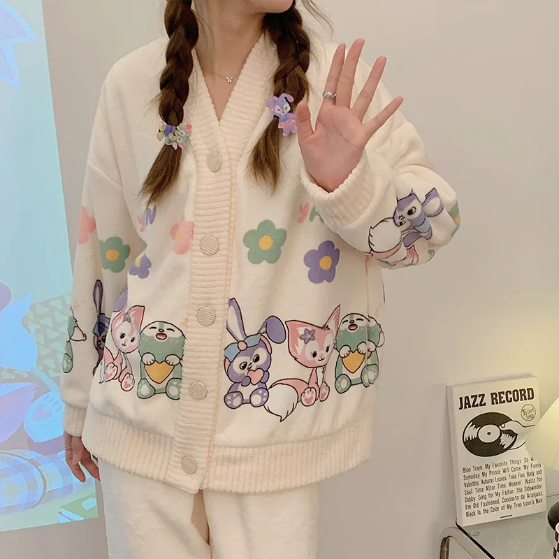 Autumn Winter Women Warm Flannel V-Neck Cardigan Sweet Pajamas Suit Long-Sleeved Trousers Set Cute Soft Home Wear Fleece Clothes