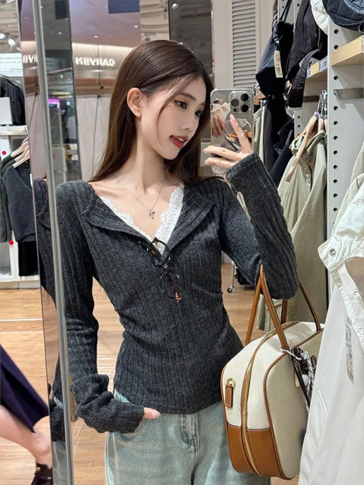 Серые кружевные швы с v-образным вырезом и длинными рукавами трикотажные женские