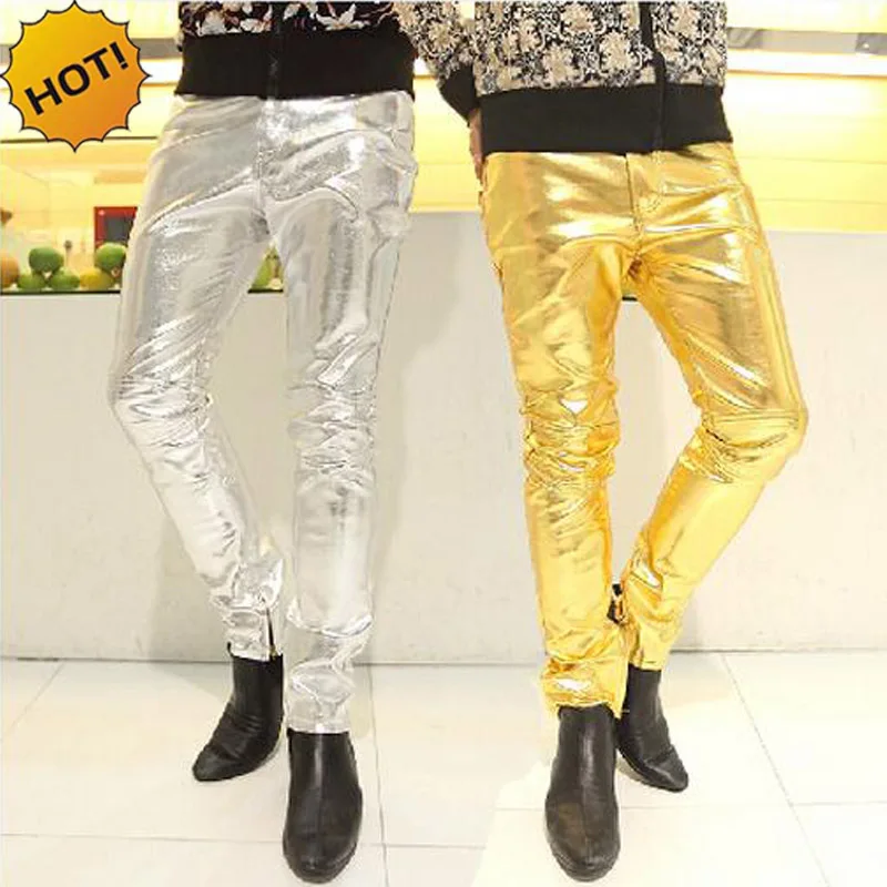 High Quality 2022 Spring Summer Slim Fit Dance Locomotive Leather Pants Club Men's Black PU Leather Silver Gold Leather Pants