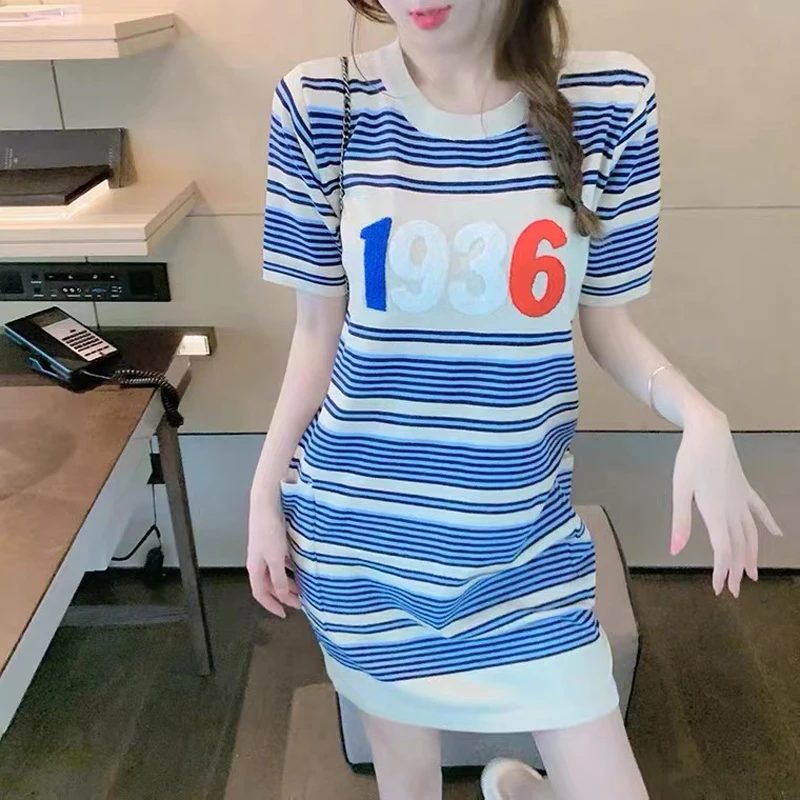 

2022 Summer Women's Dress Loose Striped Mini Dress Short Sleeve Knit Dresses