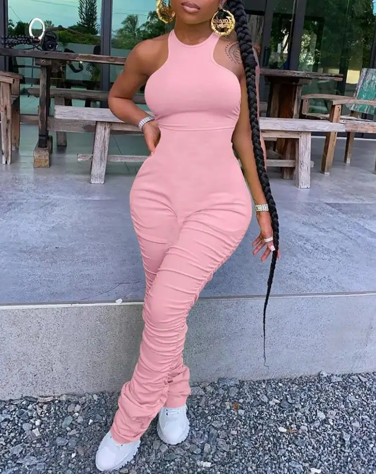 

Summer Woman Jumpsuit Sleeveless Ruched O-Neck Skinny Jumpsuit Elegant Slim Bodysuit Multicolor Fashion Korean Party Club Wear