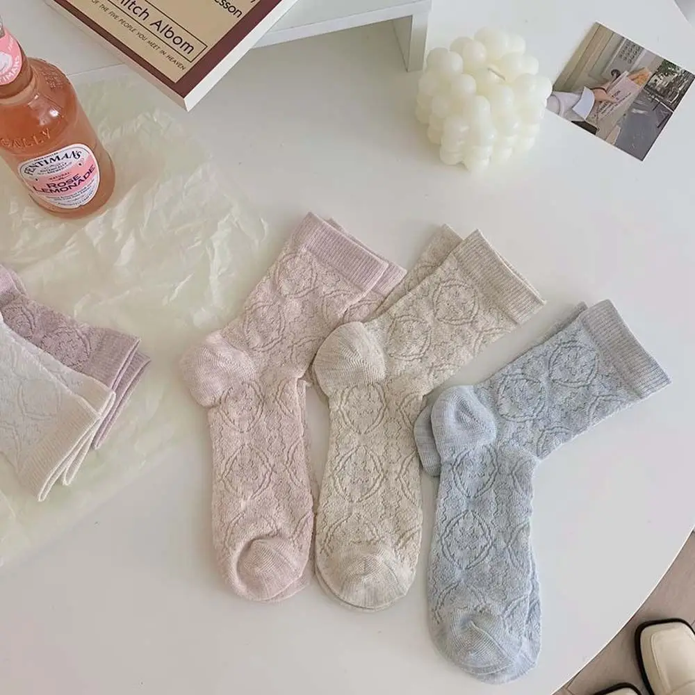 

Kawaii All-match Hollow Comfortable Flower Solid Color Hosiery Mid-tube Socks Cotton Socks Women Mesh Socks