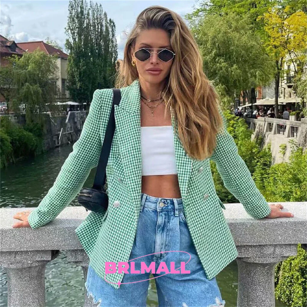 Summer Plaid Women Suit Coat Blazer Double Breasted Casual Outfit Green Pink Business Women Suit Jacket Plus Size High Quality