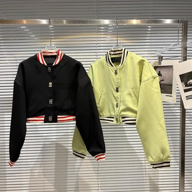 

Spring 2022 New Arrival Long Sleeve Metal Buttons Baseball Coat Women Shhort Jacket GD847