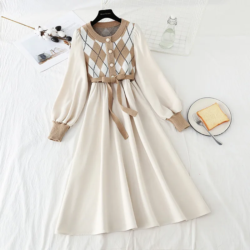 Women Patchwork Knitted Dress Spring Casual O Neck Long Sleeve A-line Dress Single-breasted Sweater Dresses Bandage Vestidos 299