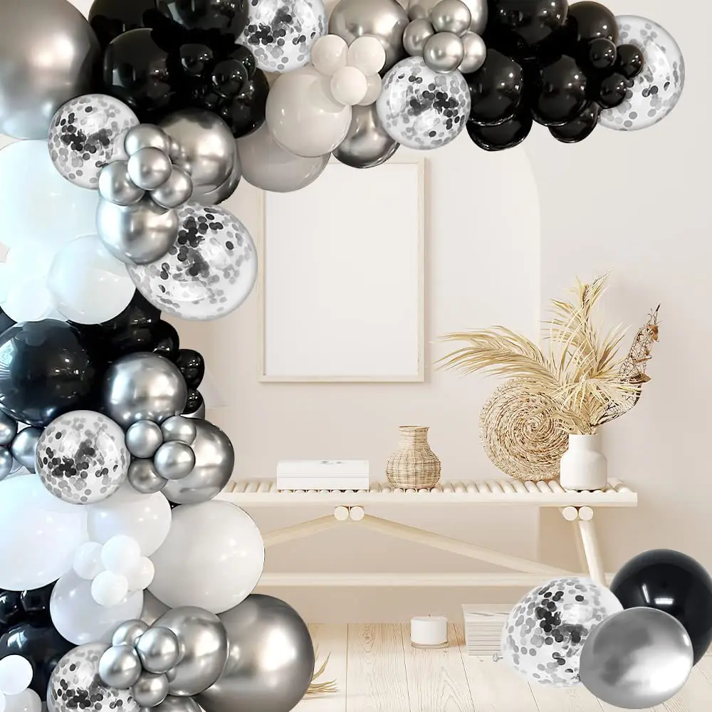 

100Pcs Black White Metallic Silver and Silver Confetti Latex Balloon Garland Arch Kit for Birthday Baby Shower Party Decoration