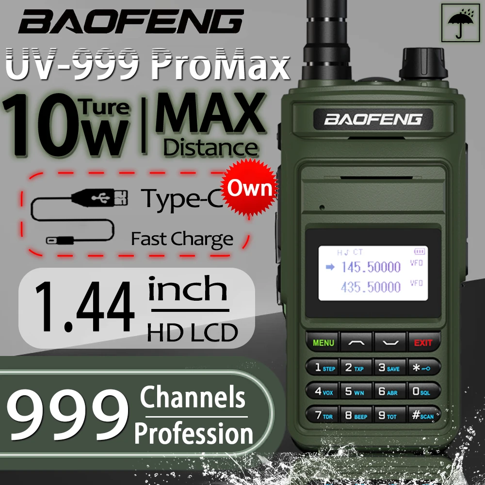 

BAOFENG UV999 Pro Max 10 Вт 999 канальная Двухдиапазонная CB радиостанция Type-C зарядное устройство для большого радиуса действия Любительская рация UV13 д...