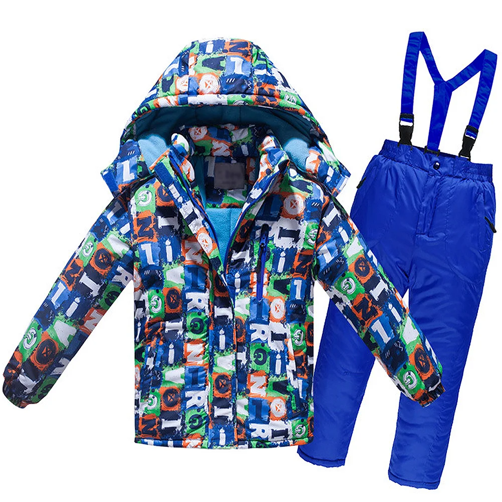 Boys Two-Piece Waterproof Windproof Hooded Warm Jacket + Braces Pants Children's Snowsuit Girls' Skiing Jacket Set