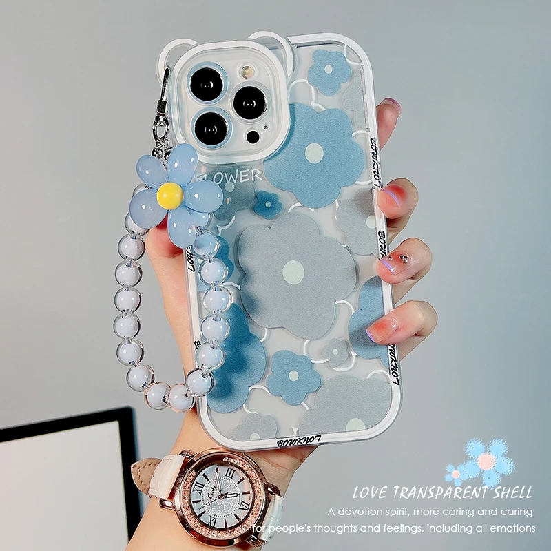 

Cute 3D Rainbow Bear Ear Flower Transparent Hang Phone Chain Silicone Case for iphone 14 13 12 11 Pro Max XR XS Clear Soft Cover