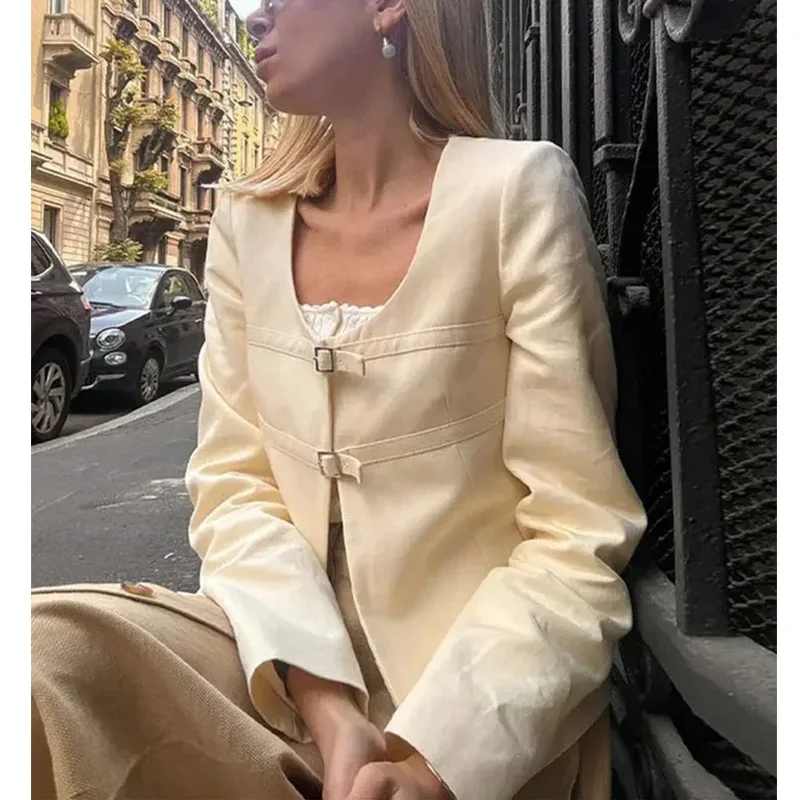 Модный шикарный светло-желтый тонкий женский пиджак осень-весна однотонный