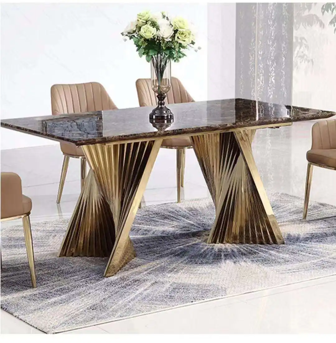 

Modern light luxury stainless steel base dining table Marble countertop rectangular dining table for family dining furniture