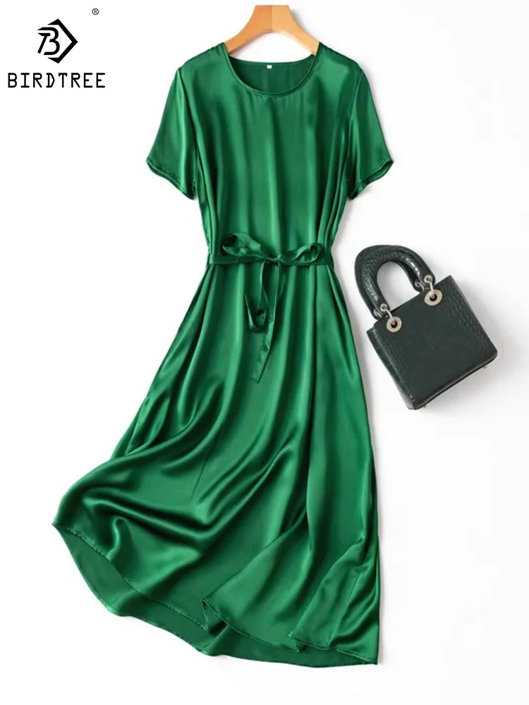 

Birdtree 20mm 100%Real Mulberry Silk Women Dresses Round Collar Satin Sashes Midi Dress Summer Holiday Clothes Green D37634QM