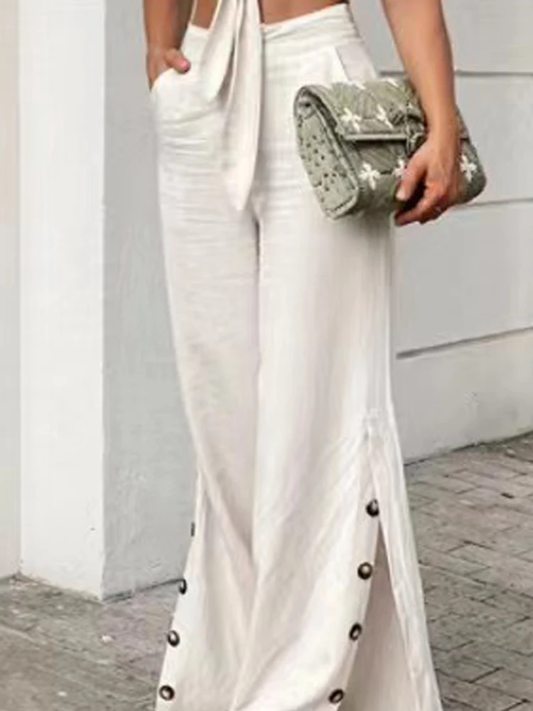 

Женские брюки с высокой талией, однотонные мягкие брюки с разрезом, новинка сезона весна-лето 2022, женские длинные брюки с высокой талией, жен...