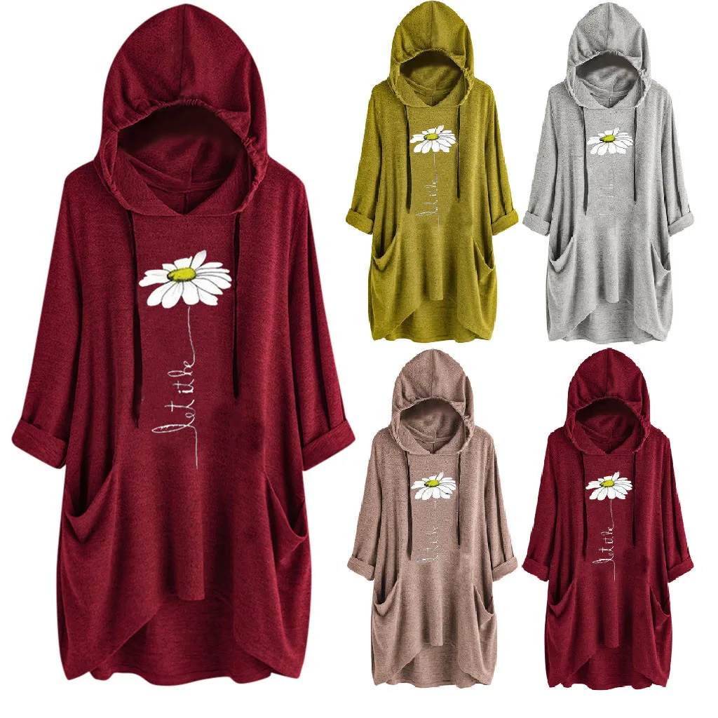 

2023HOT JTFAN Women Casual Hoodies Print Hooded Long Roll Up Sleeve Pockets Irregular Top Blouse Shirts Feminine