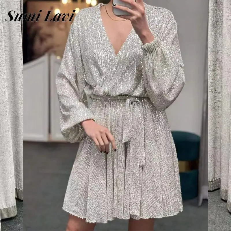 

2022 Female Long Sleeve Party Dress Fashion Solid Color Waisted Lace Up Dress Women Sexy V Neck Shiny Sequin Mini Dresses Mujer