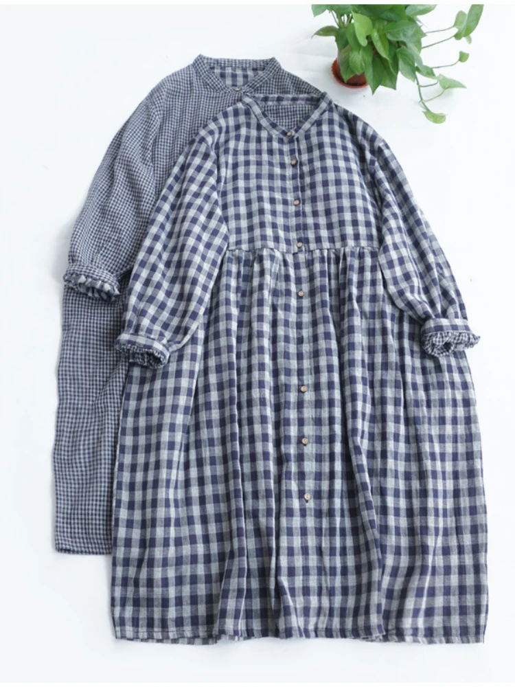 

Summer Dress for Women Fashion Cotton A-collar Plaid Loose Single-breasted Long-sleeved Dress Women Clothing Streetwear Robe Top
