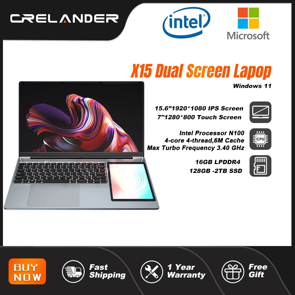 Ноутбук CRELANDER, двойной экран 15,6 дюйма + 7 дюймов, Intel Celeron ...