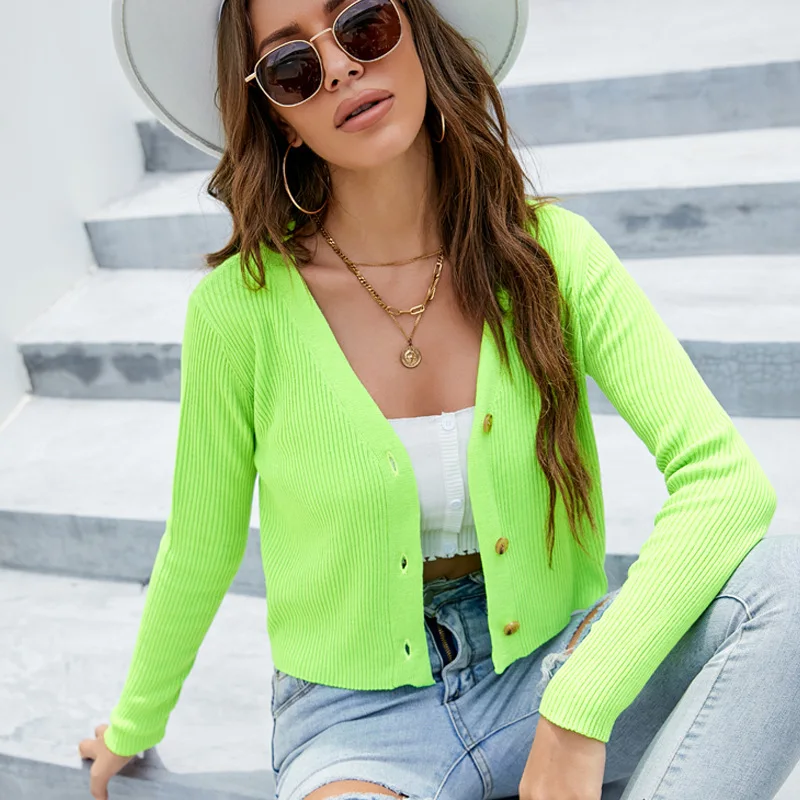 

Women's Neon Color Cardigan Spring Summer Long Sleeve V Neck Slim Sexy Knitwear Female's Casual Thin Single Breasted Sweater
