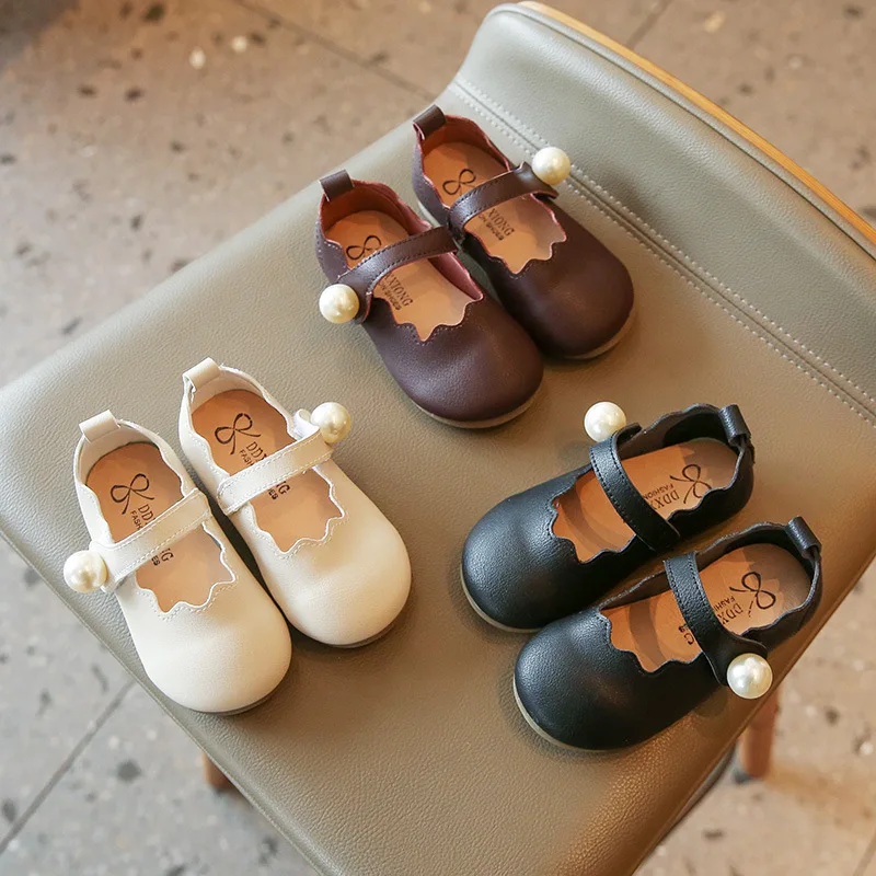 

Girls PU Mary Janes Shoes 2022 Spring New Korean Style Baby Princess Soft Pearl Cute Solid Performance Solid Black Dancing Shoes