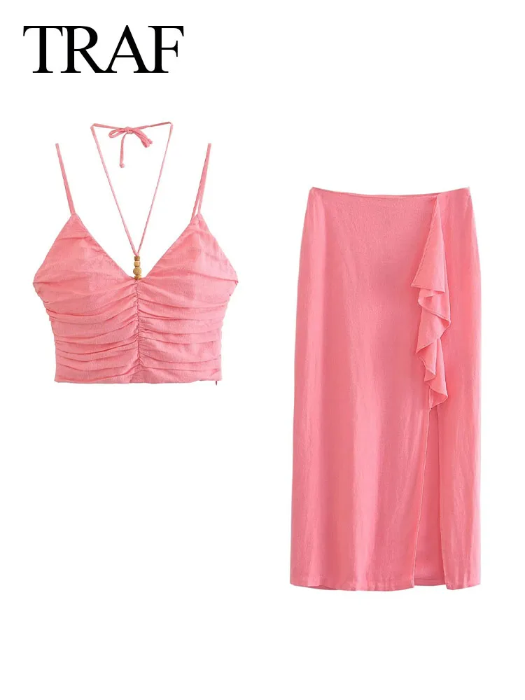 

Костюм женский плиссированный с лямкой на шее и V-образным вырезом