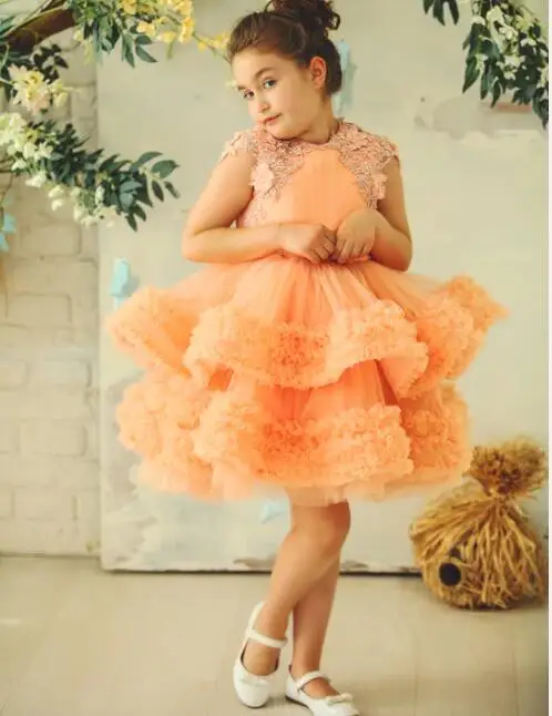 

Orange Puffy Flower Girl Dress Tiered Tulle Lace Princess Birthday Party Gown Kid Tutu Ruffled First Communion Dress