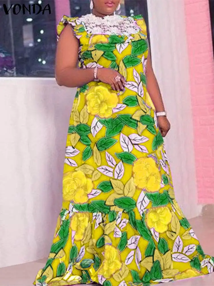 

VONDA Oversized Women Summer Sleeveless Bohemian Dress 2022 Vintage Maxi Dresses Ruffled Lace Floral Printed Casual Party Robe