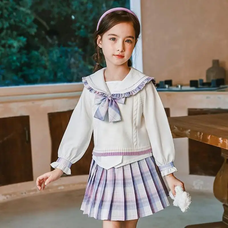 

Комплекты одежды из 3 предметов для девочек на весну-осень, 3 предмета, вязаный жилет, рубашки и клетчатые юбки школьная форма в консервативн...