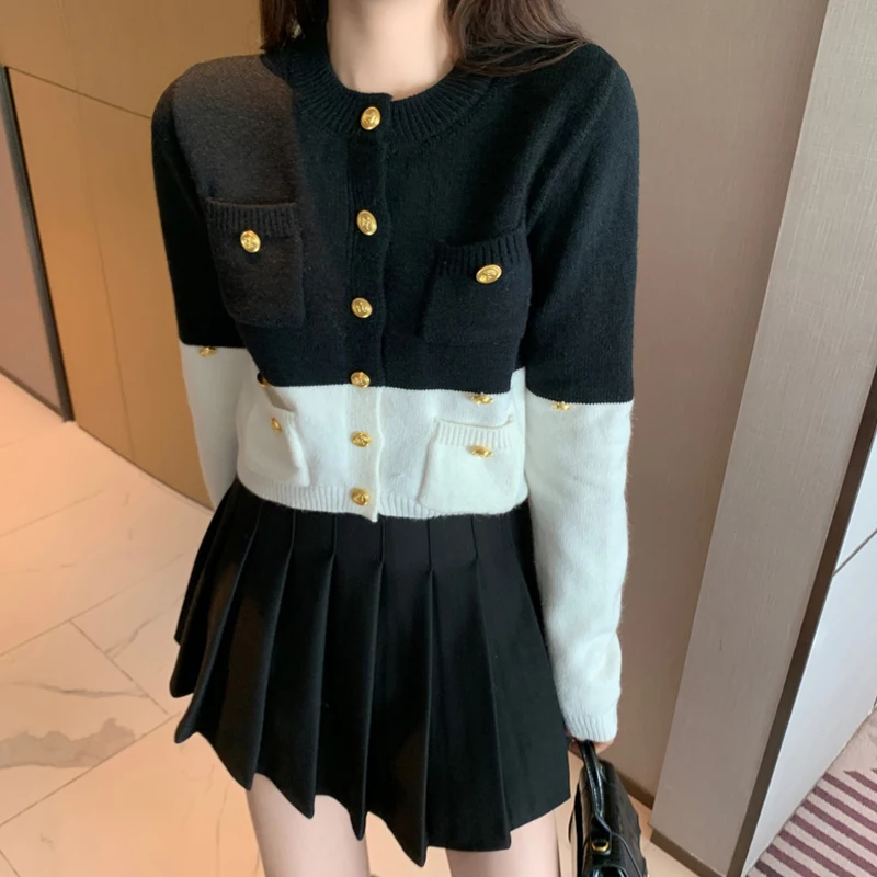 

Round Neck Comfortable Long Sleeve Women'S Winter Cardigan Sweater High Waist Stitching Pleated Skirt Knitted Two-Piece Set